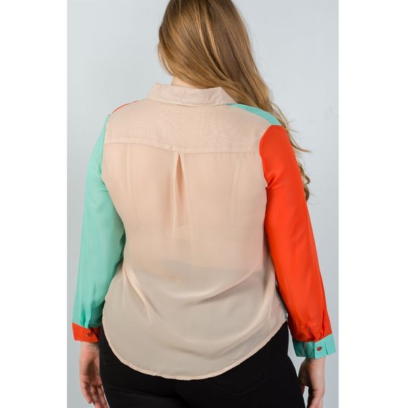 1x-3x Plus Size Semi Sheer Colorblocked  Blouse - Picture 3 of 7